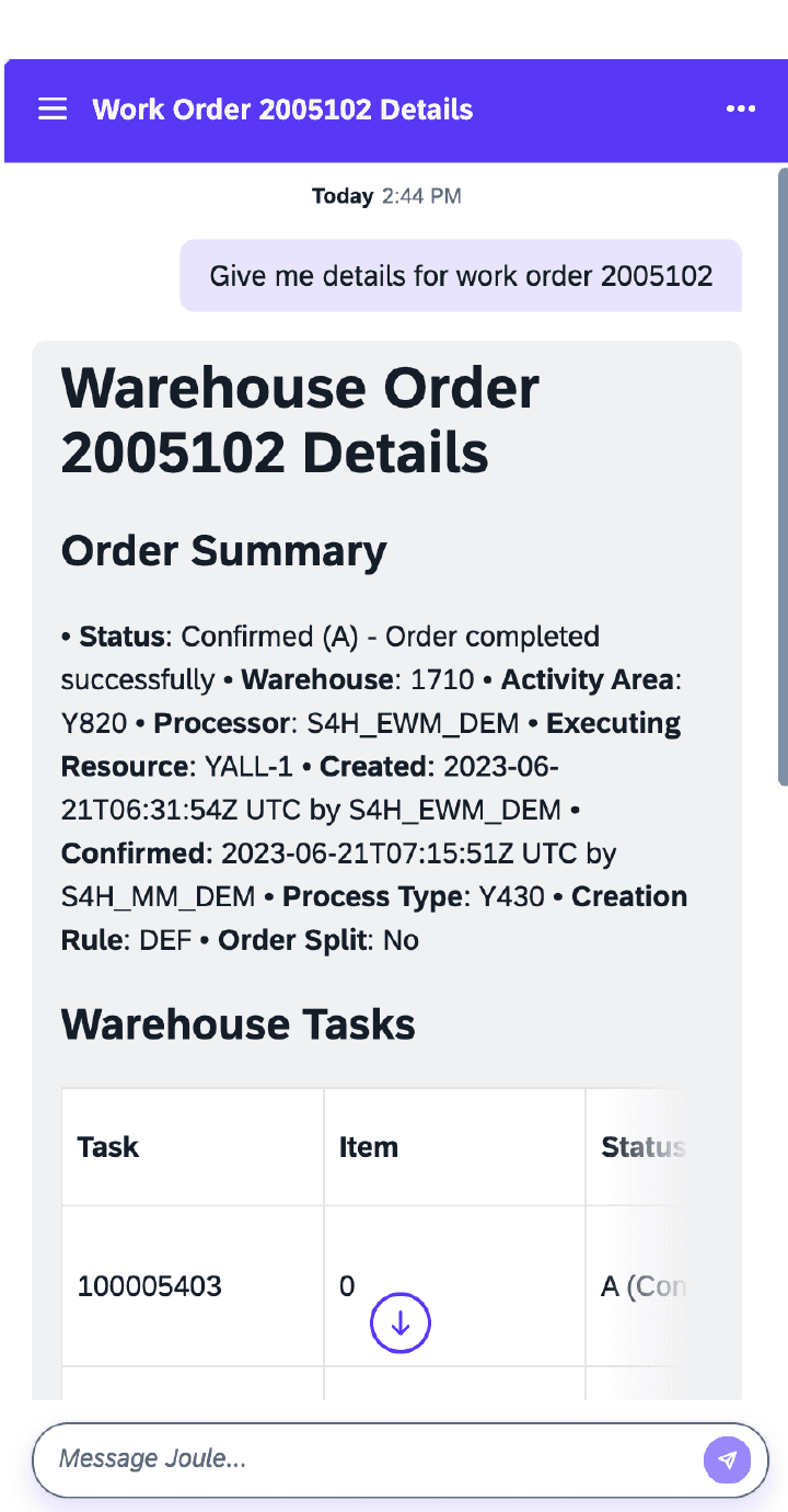 Warehouse Order response in Joule Studio